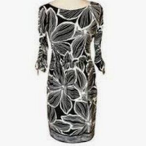 Maggy London black & white 3/4-sleeve floral print jersey knit dress sz 10